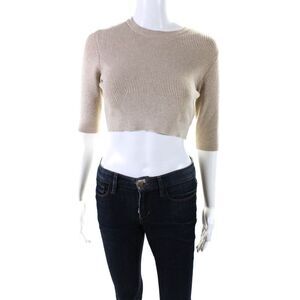 Live the Process Womens Ribbed Cropped Sweater Beige Cotton Size Medium